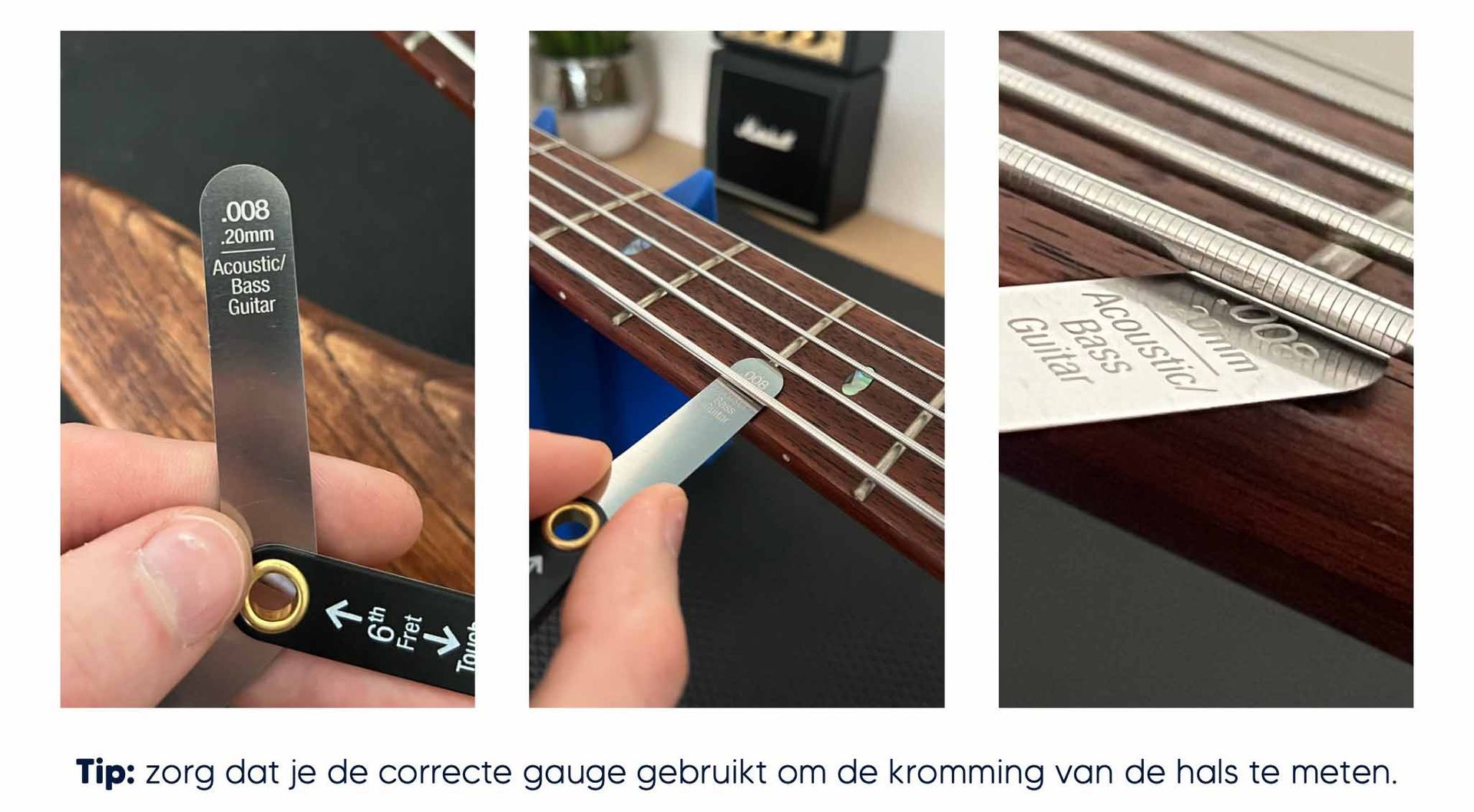 Uitleg over het gebruik van truss rod gauges bij het afstellen van de hals van een basgitaar – zowel bij een forward/U-shaped bow als bij een backward/N-shaped bow.